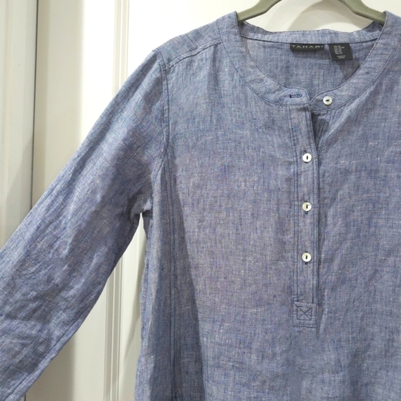 TAHARI 100 LINEN Blue Linen Tunic Dress, Henley 4 Button Placket, Pockets, XS - Picture 9 of 16